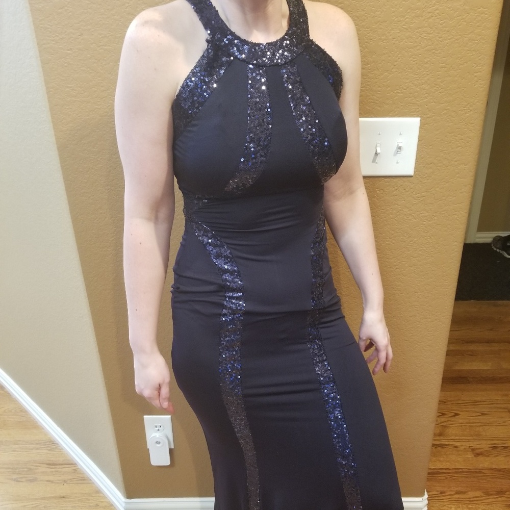 Long navy blue dress with sequin accents